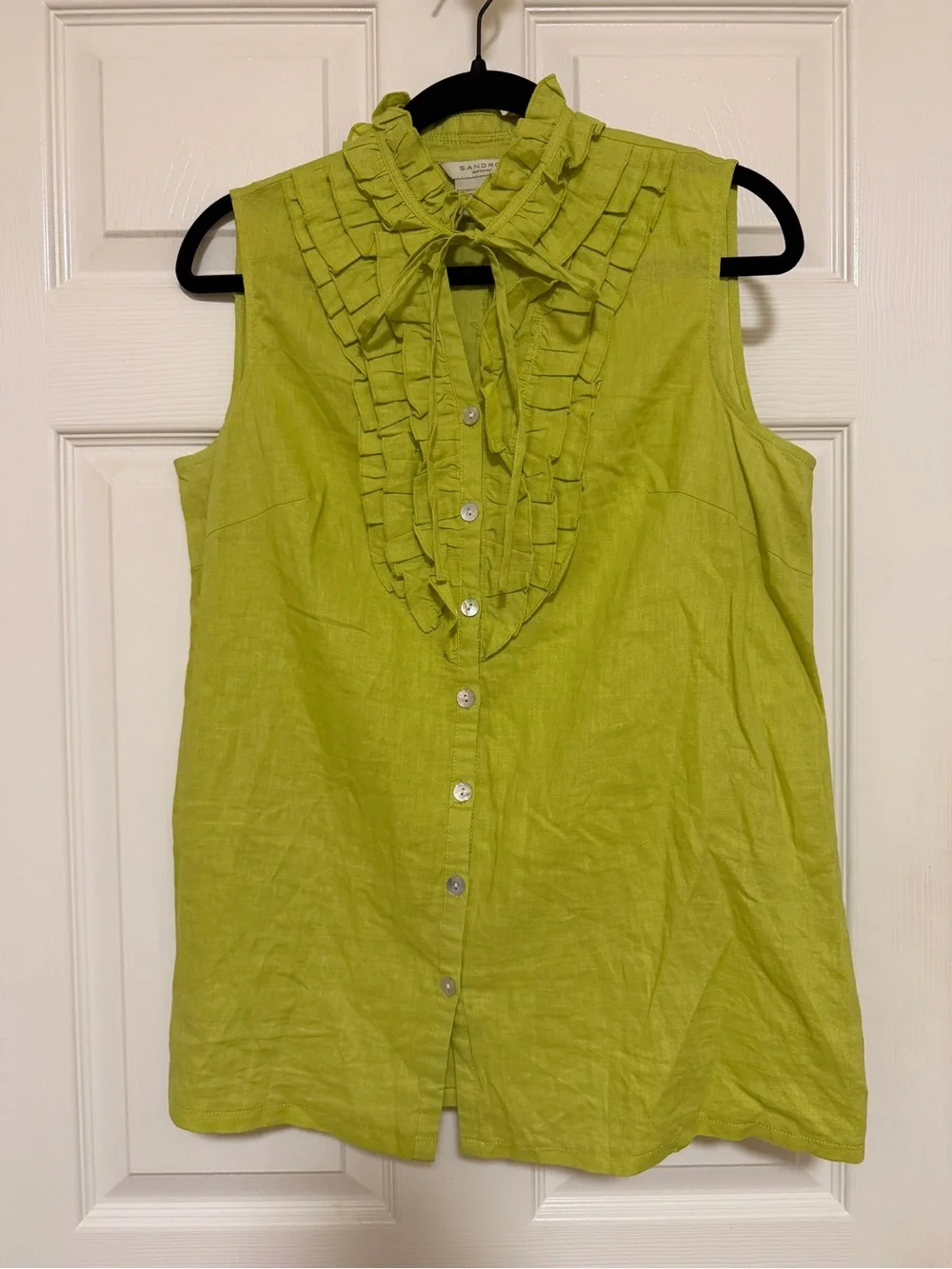 Vintage Y2K Sandro Lime Green Ruffle Linen Top Cottagecore Boho Blouse M - Picture 1 of 4